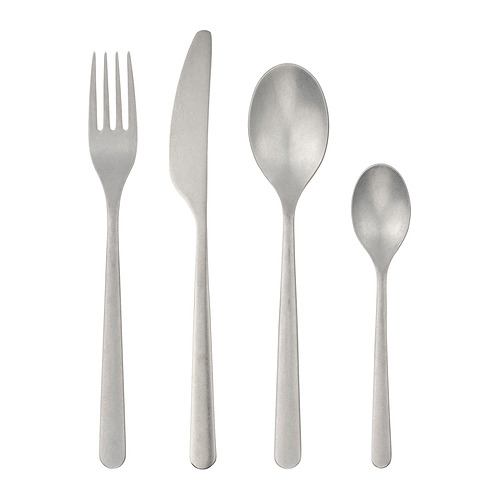 Juego de cubiertos de plata PRAKTBOTIA: tenedor, cuchillo, dos cucharas. Acabado rústico mate, acero inoxidable, diseño elegante.