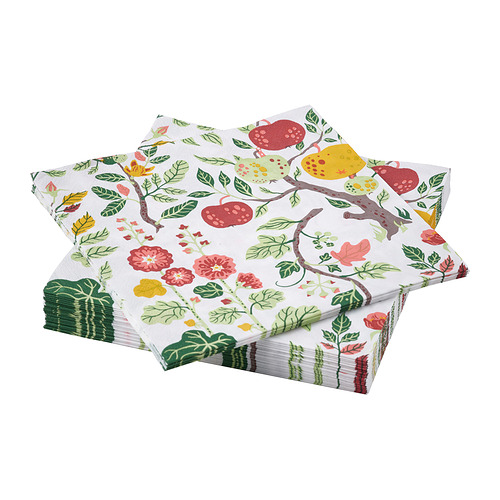 Servilletas HAVSBRAXEN, colorido diseño floral, fondo blanco, forma rectangular, papel de tres capas.