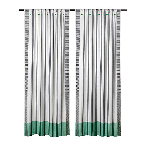 Cortinas MÄVINN, rayas verde-blancas, algodón tejido a mano, par, estilo charco, detalle superior bordado a mano.