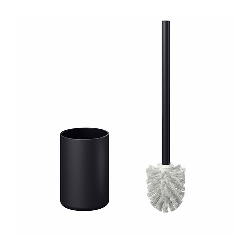 Portaescobillas de baño negro y juego de escobillas. Estilo minimalista moderno. El cepillo se mantiene en posición vertical en el soporte.