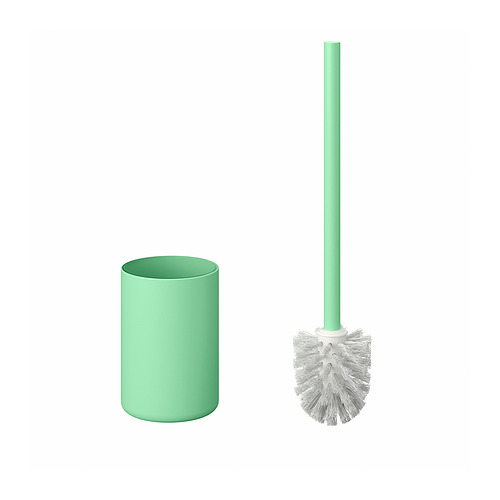 Un juego de escobilla de baño y soporte GANSJÖN verde menta. El pincel tiene un mango blanco y el soporte es un cilindro verde a juego.