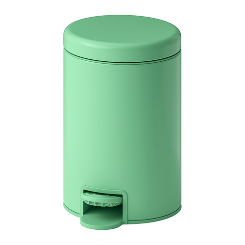 Cubo de basura metálico GANSJÖN verde con pedal, superficie lisa, forma cilíndrica.