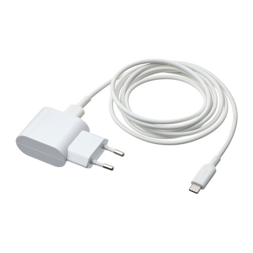 Cargador usb SMÅHAGEL blanco con cable sittbrunn en espiral, extremo usb-c.