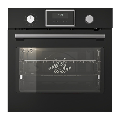 Muescas: horno STENABY negro de IKEA, diseño moderno con pantalla digital, mango de acero inoxidable y puerta de cristal mostrando la rejilla interior.