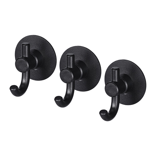 Tres ganchos de pared negros idénticos con bases redondas y diseños de ganchos curvos, ideales para colgar artículos.