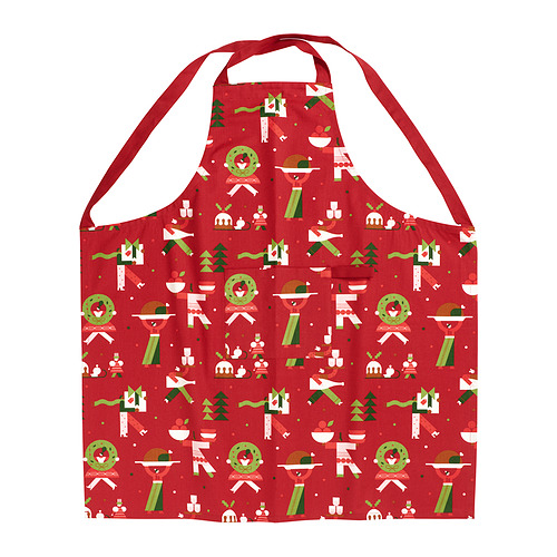 Delantal rojo VINTERFINT con diseño navideño, estampados verdes y blancos, material de algodón, forma rectangular, tiras ajustables.