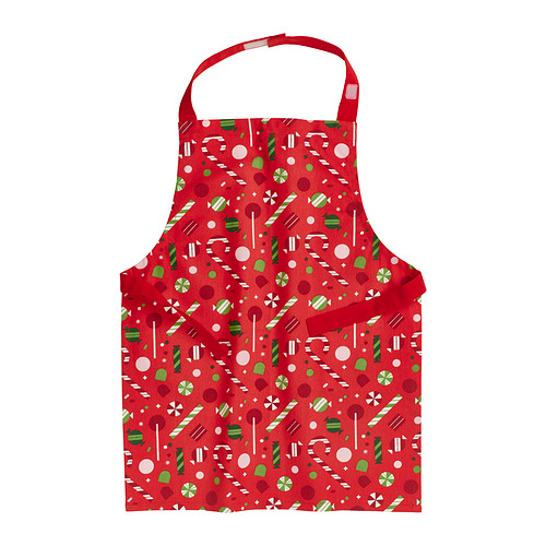 Delantal rojo con estampado de caramelos navideños.