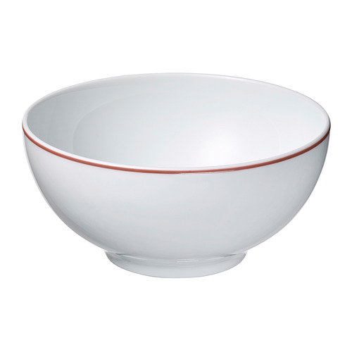 Un cuenco de porcelana VINTERFINT blanco con un elegante borde rojo, base circular y acabado liso.