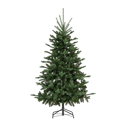 Árbol de Navidad, verde, artificial, plástico y metal, forma cónica, diseño sencillo.