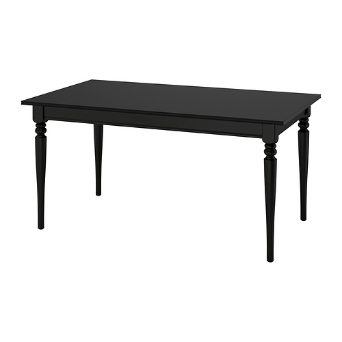 Mesa de comedor extensible ROSENTORP negra, rectangular, patas de madera maciza, tablero de melamina, almacenamiento bajo la hoja.