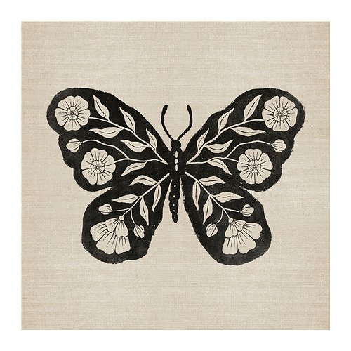 Mariposa negra con alas florales blancas, estampada en lienzo rústico.