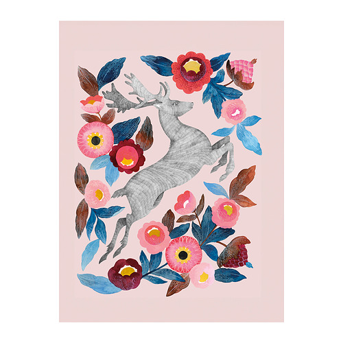 Arte decorativo PJÄTTERYD. Un ciervo gris está rodeado de flores y hojas de colores en un lienzo de color rosa claro con marco profundo.