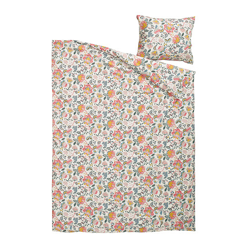 Juego de cama de flores DAGGSALVIA, blanco con flores rosas, amarillas y azules, mezcla de poliéster reciclado, suave, vibrante.