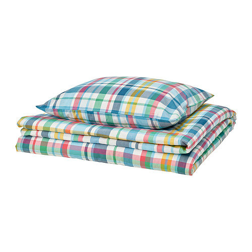 Juego de edredón a cuadros en azul, verde, rosa, amarillo. Algodón reciclado y viscosa.