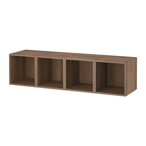 Moderno mueble de almacenamiento modular de madera marrón oscuro, cubos rectangulares abiertos.
