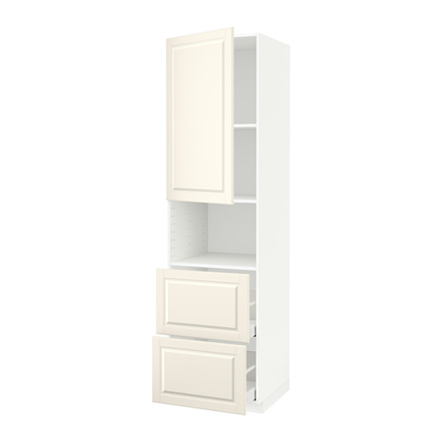 Mueble de cocina METOD blanco con frentes de bodbyn en blanco roto, bordes biselados, cajones de extracción completa y amortiguadores integrados.