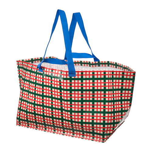 Colorida bolsa de compras reutilizable VINTERFINT en rojo, verde y azul con patrón de cuadros y asas azules resistentes.