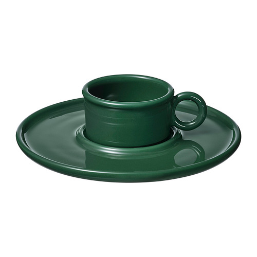 Taza de café de cerámica verde oscuro con platillo y asa a juego. Diseño sencillo y elegante. Ideal para té o café.