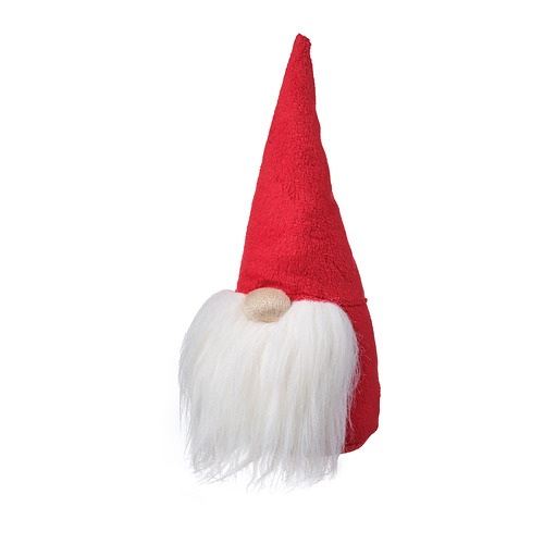 Gorro de Papá Noel rojo con barba blanca, fabricado en poliéster reciclado, diseño en forma de cono.