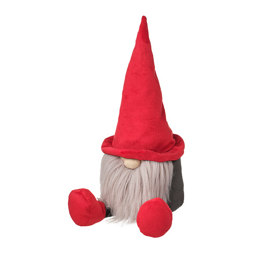 Gnomo de juguete rojo con barba gris, cuerpo negro, sentado, hecho de poliéster reciclado.
