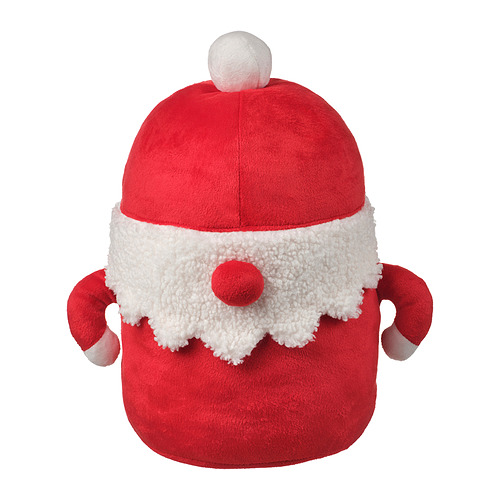Juguete de peluche con gorro de Papá Noel, rojo con ribete blanco, material suave, forma redonda, diseño festivo.