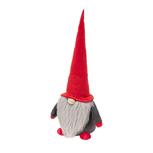 Juguete gnomo rojo, barba blanca, traje negro, sombrero alto. Decoración navideña.