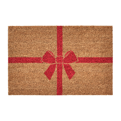Felpudo rectangular rojo y beige, en forma de regalo con un lazo.