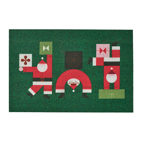 Felpudo verde con temática de Papá Noel con traje rojo, barba blanca y cajas de regalo. Diseño luminoso y festivo.