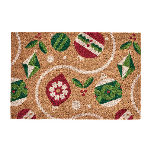 Felpudo con temática navideña, diseños festivos VINTERFINT, rojo, verde y blanco en fibra de coco natural. Forma rectangular, duradera y decorativa.