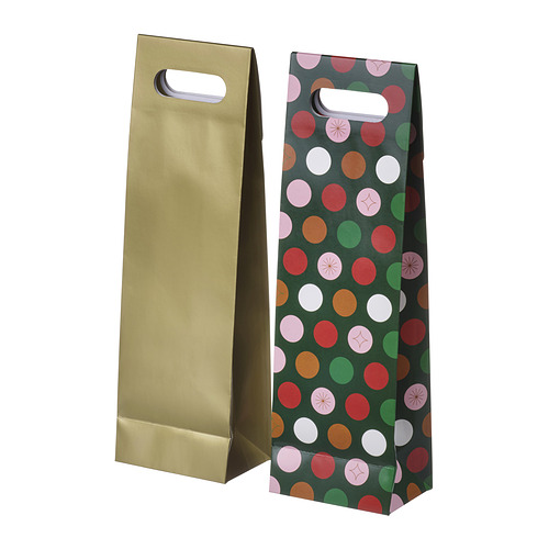 Dos bolsas de regalo altas, una dorada y otra verde con lunares de colores, hechas de papel.