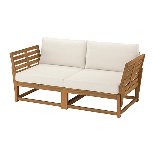 Sofá de exterior NÄMMARÖ, cojines beige claro, madera de acacia, diseño en forma de L, estilo moderno.