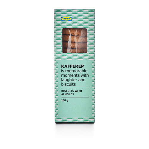 Una caja de galletas de almendras de Ikea, verde con una imagen de galletas y una descripción de texto.