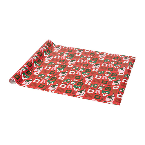 Papel de regalo rojo con motivos navideños. Gráficos festivos en verde, blanco y marrón sobre fondo rojo.