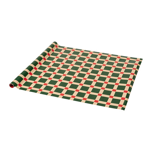 Rollo de papel de regalo a cuadros verdes, rojos y beige.