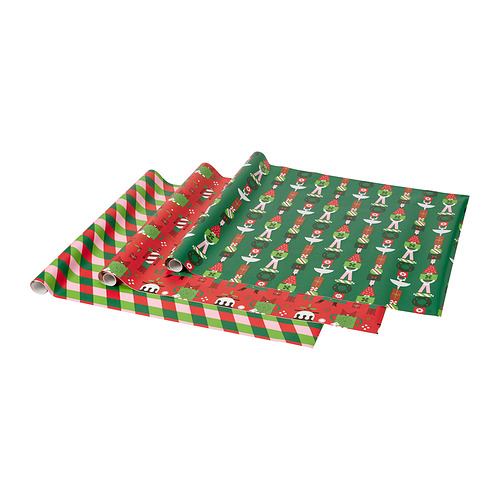 Papel de regalo de Navidad, cuadros rojo-verde y duendes verdes, rollo plano.
