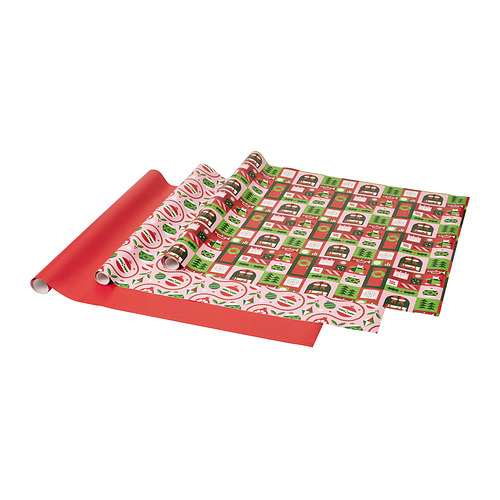 Rollo de papel de regalo rojo con temas navideños. Cuadrados, texto y símbolos de colores.