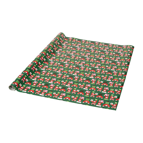 Papel de regalo verde con diseños rojos, blancos y de Papá Noel.