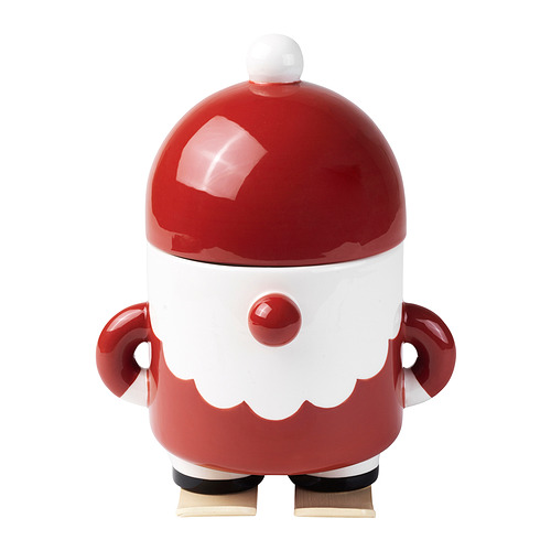 Tarro rojo y blanco en forma de Papá Noel, colores brillantes, cuerpo redondo y sombrero, base de madera, encantador diseño navideño.