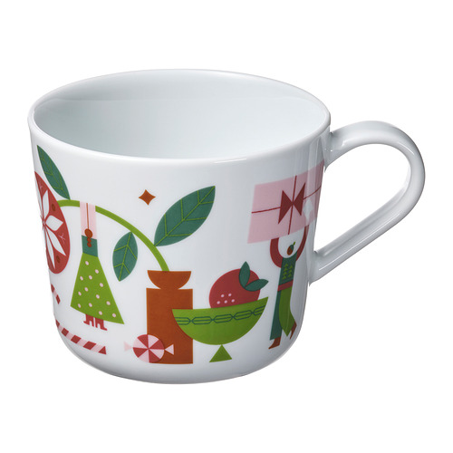 Taza de cerámica blanca con diseños festivos navideños rojos, verdes y rosas; Forma redonda con un mango grande.