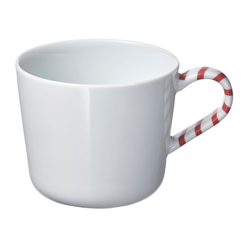 Taza VINTERFINT blanca, asa de rayas rojas, fabricada en porcelana.