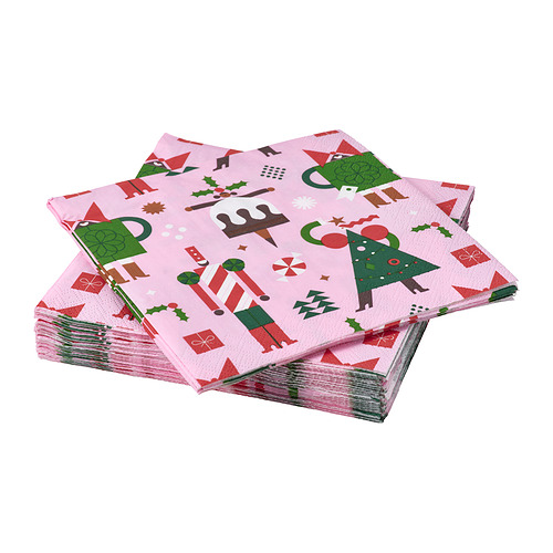 Pila de servilletas navideñas VINTERFINT rosas con diseños festivos.