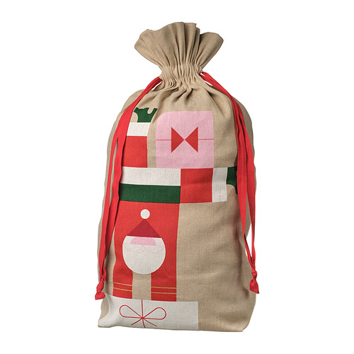 Saco de navidad VINTERFINT, beige con detalles en rojo, yute-algodón, grandes y coloridos patrones cuadrados.