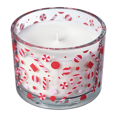 Vela VINTERFINT roja y blanca. Vidrio, forma cilíndrica, diseño de dulces navideños.