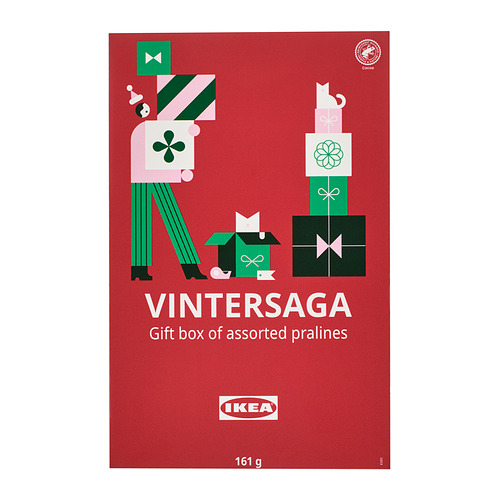 Ikeas VINTERSAGA: caja de regalo de bombones variados, con diseño festivo, apta para regalar en fiestas.