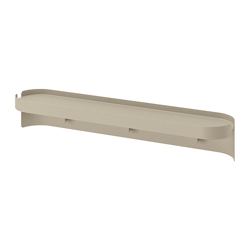 Una elegante estantería FLORSJÖN de color beige con bordes curvos y un diseño moderno, hecha de acrílico, polvo, acero y aluminio.