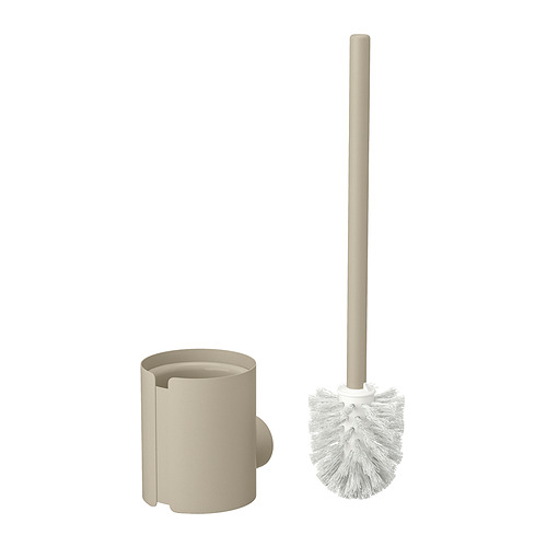 Escobilla de baño FLORSJÖN beige y cepillo. Soporte cilíndrico, cepillo de mango largo con cerdas blancas. Fabricado en plástico y metal para uso en el baño.