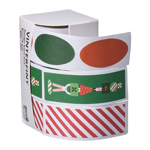 Rollo de pegatinas navideñas VINTERFINT. Pegatinas verdes, rojas y a rayas de diversas formas. Ideal para envolver regalos.