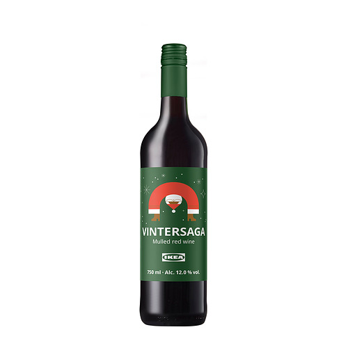 Botella de vino verde IKEA con etiqueta de Papá Noel, texto blanco VINTERSAGA, 750ml.