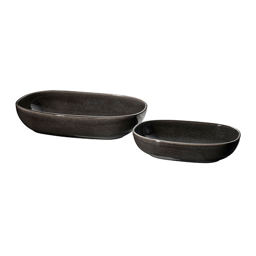 GLADELIG: 2 platos de horno gris oscuro, gres, forma ovalada, diseño elegante.