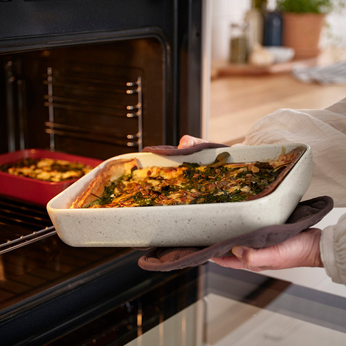 La persona que usa guantes de horno sostiene una cazuela grande con alimentos horneados, lista para colocarla en un horno, mostrando la función de los platos para cocinar comidas.